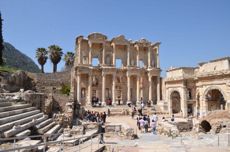 Columns of the Library of Celsus viewed from below in Ephesus