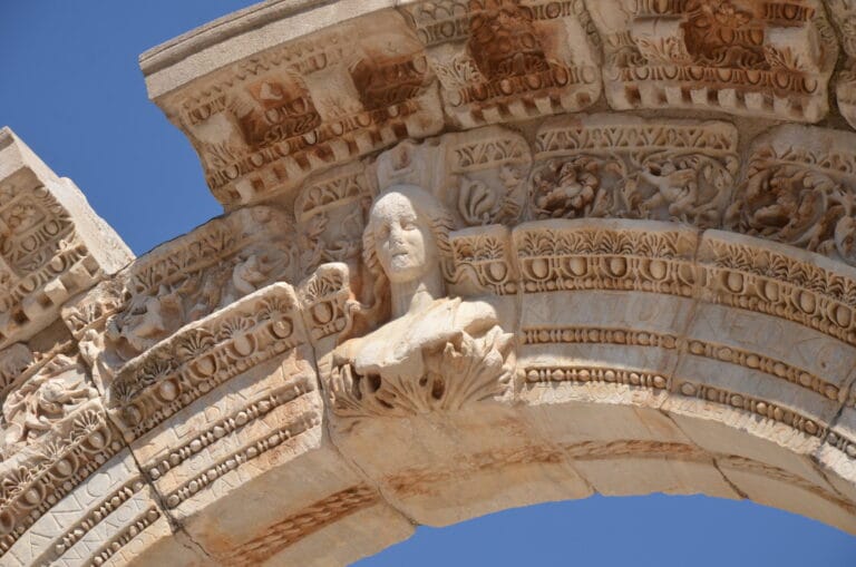 Ancient Roman reliefs at the Temple of Hadrian in Ephesus