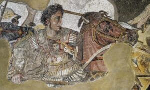 Ancient mosaic depicting Alexander the Great during battle, displayed with detailed facial expressions and dynamic movement from classical antiquity.