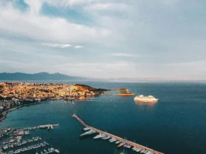 Aerial panoramic view of Kusadasi coastline and marina