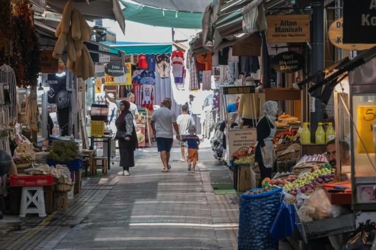 Busy bazaar street with shops in Kemeralti Izmir