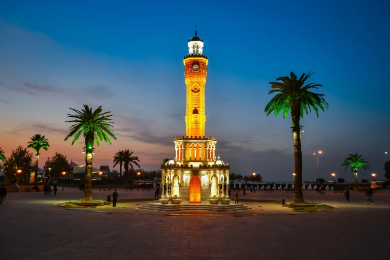 Konak Clock Tower illuminated at evening in Izmir