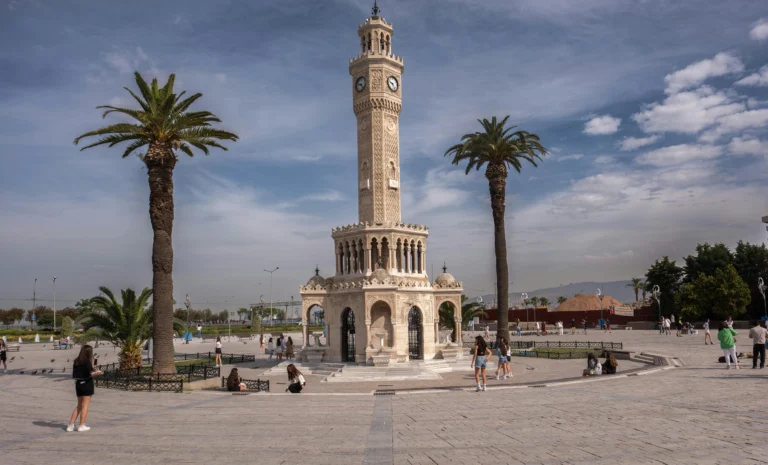 Konak Clock Tower with palm trees in Izmir Turkey