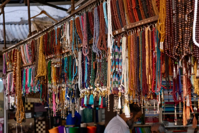 Colorful hanging textiles in Izmir market bazaar