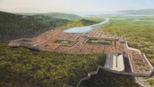 Reconstruction illustration of ancient Ephesus and its harbor during the Hellenistic period