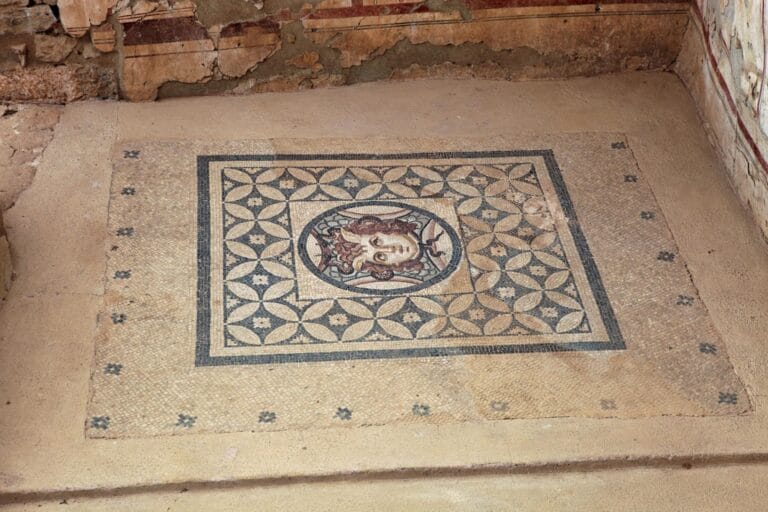 Ancient mosaic floors inside the Terrace Houses archaeological site in Ephesus.
