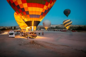 Hot air balloon preparing for sunrise flight in Cappadocia