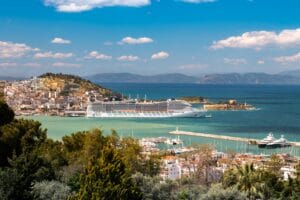 Cruise ship arriving at Kusadasi Cruise Port on the Aegean coast of Turkey.