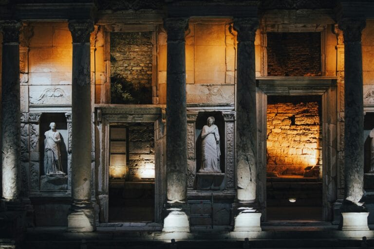 Visitors exploring Ephesus Ancient City at night in Turkey