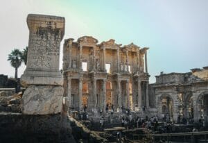 Library of Celsus during sunset in Ephesus Ancient City