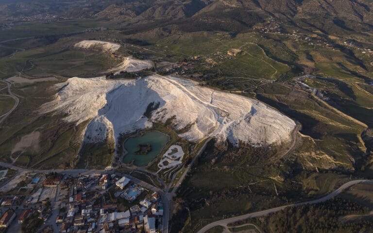 Aerial view of Pamukkale travertines and thermal pools in Denizli Turkey
